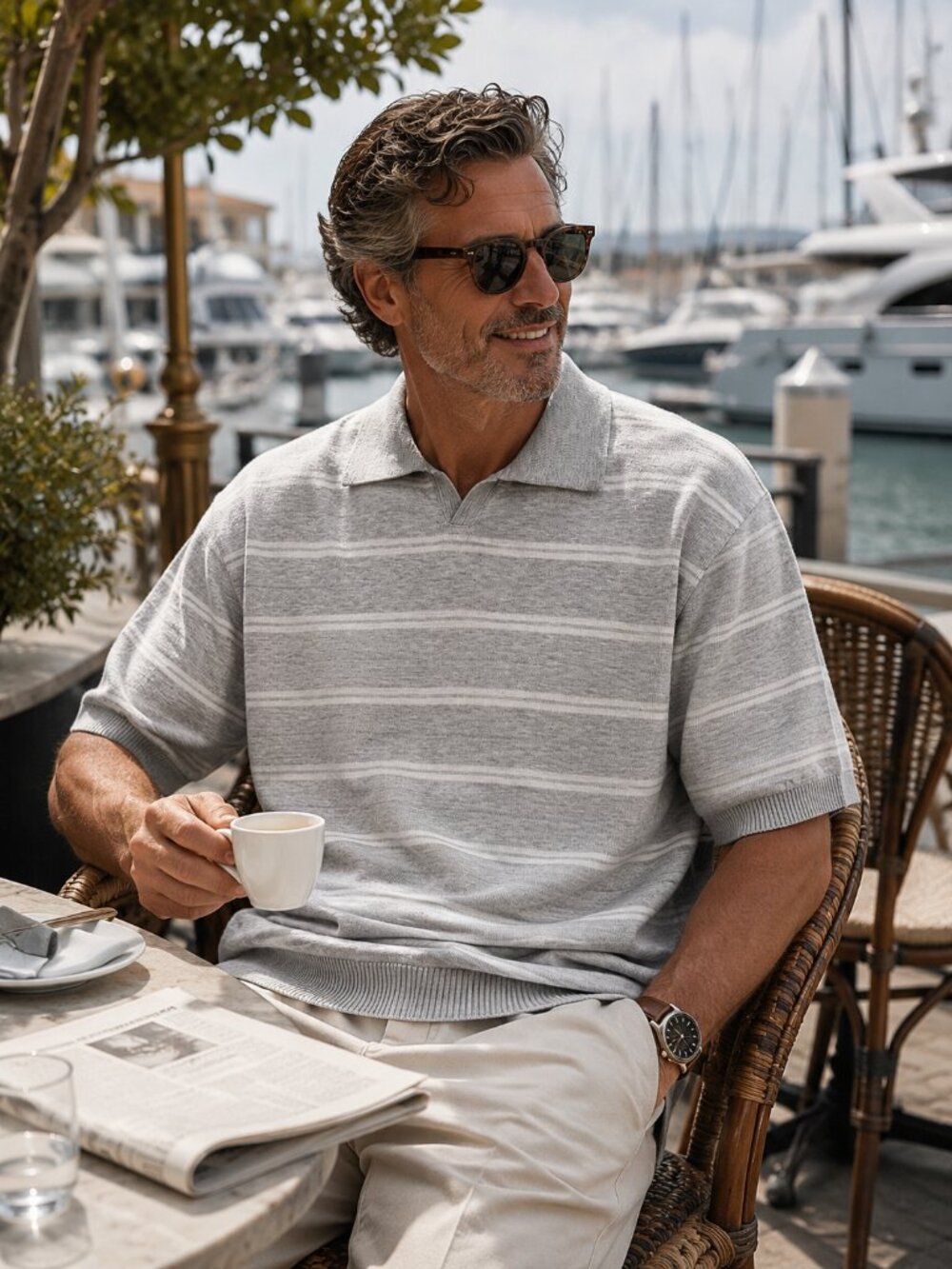 Malo Italian Men's Striped   Grey/White Knitted Short Sleeve Polo